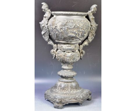 An antique 19th Century pewter jardiniere planter of neoclassical form having twin scroll maidenhead figurines to the handles