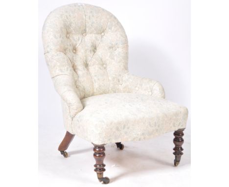 An antique 19th Century Victorian English button back Chesterfield type spoon back nursing chair / low easy lounge chair havi