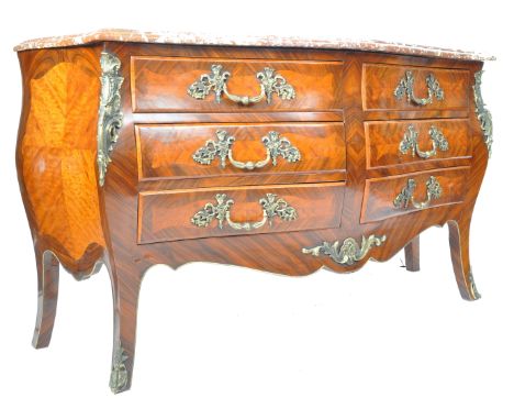 A vintage reproduction 20th Century French walnut and marble topped commode bombe chest of drawers / sideboard credenza in th