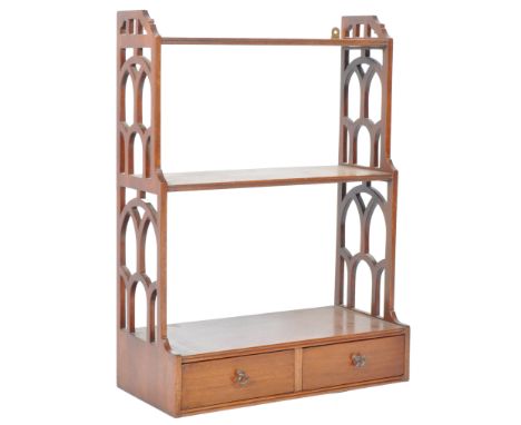 An antique 19th Century Victorian English mahogany three tier hanging display shelves / bookshelves having open Chinese Chipp
