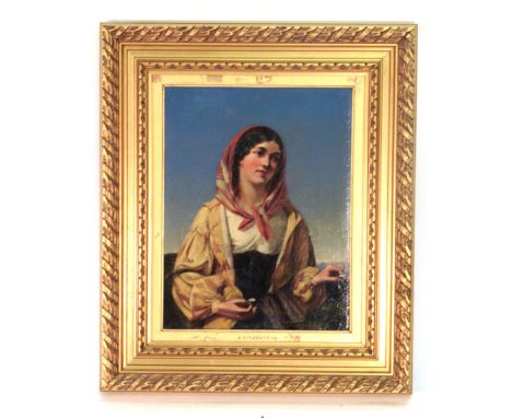 Arthur Fitzpatrick (fl. 1850-1886),A three quarter length portrait of a lady picking daisies,signed,oil on canvas,54 x 34 cm 