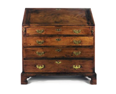 A George III mahogany bureau, the fall front enclosing a fitted interior over four graduated drawers on bracket feet, w. 92 c