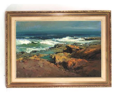 Titto Fasciotti (South African, 20th century),A rocky coastline,signed and dated '74,oil on board,50 x 75 cm   CONDITION REPO