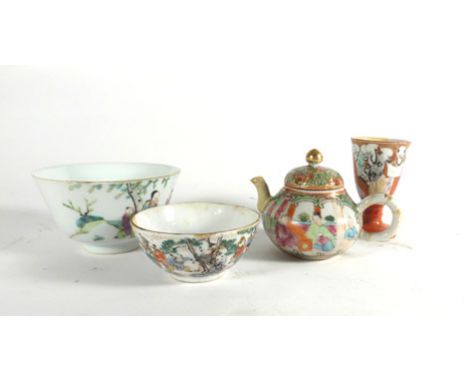 A late 19th/early 20th century Chinese tea bowl decorated in coloured enamels with the '100 boys', six character mark to base