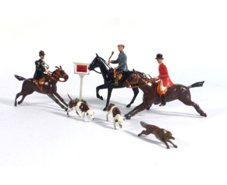 A mixed group of Britains lead hunting figures including five mounted huntsmen and women, hounds, foxes and others (qty)   CO