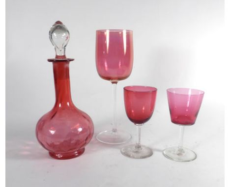 A cranberry glass decanter and stopper and nine similar drinking glasses (10)   CONDITION REPORT:  Typical wear