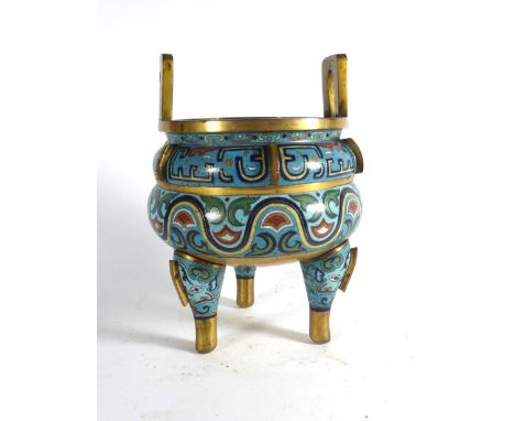A cloisonne enamel two handled koro of traditional form, h. 21 cm   CONDITION REPORT:  Some pitting and losses to enamel. Min