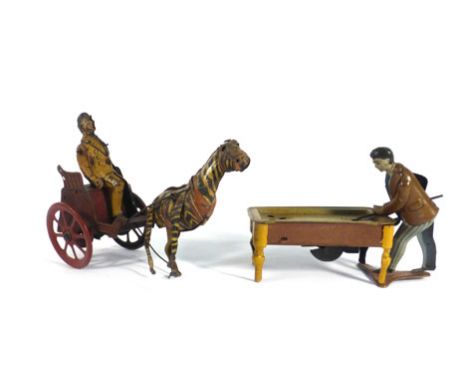 A Lehman-type clockwork figure modelled as a zebra pulling a rickshaw, h. 13 cm, together with another figure modelled as a g