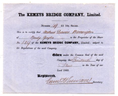 The Kemeys Bridge Co. Ltd share certificate number 49 dated 1862, black on blue paper, embossed seal depicting the chain bri