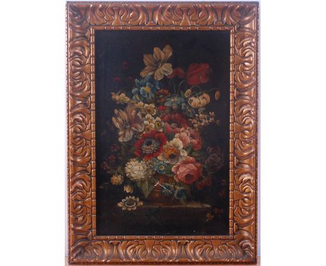 R Nightingale - Still life with flowers in a vase on a stone ledge, oil on canvas, inscribed verso 'R Nightingale, Mouldon 18