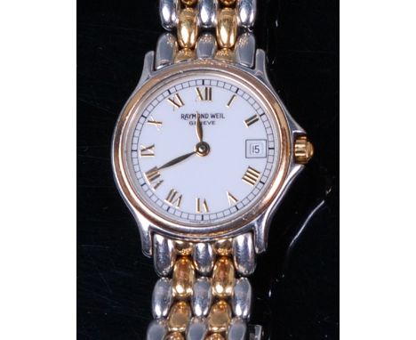 A ladies Raymond Weil of Geneva bi-metal cased bracelet watch, having signed white enamel dial with Roman numerals, date aper