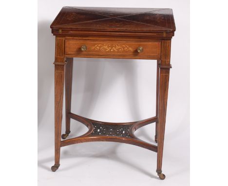 A Sheraton Revival rosewood and marquetry inlaid envelope card table, the fold-over top opening to reveal baize lined playing