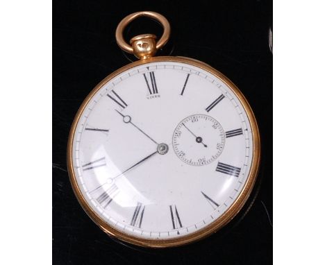 A rare Viner & Co 18ct gold open faced pump-wind gents pocket watch, having a signed white enamel dial, subsidiary seconds di