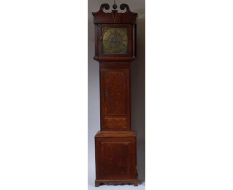 Samuel Lee of London 18th century oak and mahogany cased longcase clock, the square brass dial (w.12") with feather-banded ed