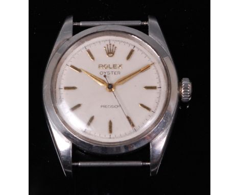 A gents vintage Rolex Oyster Precision steel cased wristwatch, having signed white enamel dial, raised yellow metal baton mar