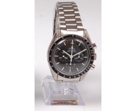 A gents Omega steel cased Speedmaster Professional chronograph, having signed black dial, three subsidiary dials, luminous ba