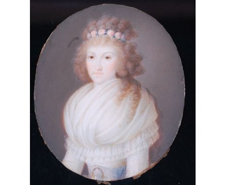 18th century English school - Half-length portrait of a maiden, wearing flowers in her hair, miniature watercolour on ivory, 