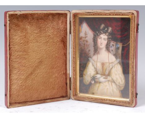 Early 19th century English school - Half length portrait of a maiden, holding a single rose, watercolour with traces of body 