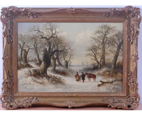 Thomas Smythe (1825-1906) - Figures in conversation in a winter landscape with windmill beyond, oil on canvas (re-lined), sig