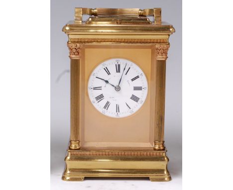 A late 19th century French lacquered brass repeating carriage clock, retailed by Goldsmiths & Silversmiths Company, No.5728, 