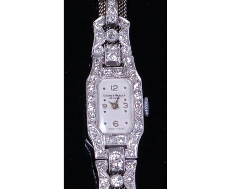 A Baume & Mercier Art Deco ladies diamond set cocktail watch, having signed tank dial with quarter Arabic numerals, within a 