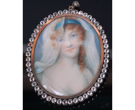 Early 20th century school - Bust portrait of a maiden, miniature watercolour on ivory, framed as an oval, 6 x 4.5cm, housed i