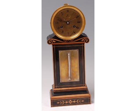 A mid-19th century French ebonised and satinwood inlaid combined mantelpiece clock/barometer, having a finely engine turned 5