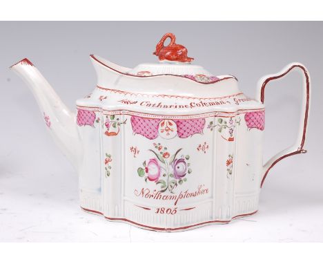 An early 19th century Staffordshire teapot, probably New Hall, of silver shape, the domed cover with swan finial, the whole p