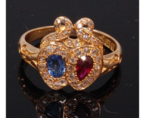 A mid-Victorian 18ct gold, ruby, sapphire and diamond set ring, arranged as a single pear cut ruby and adjacent sapphire, eac