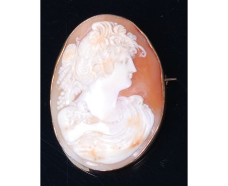 A carved shell cameo brooch, in pinchbeck mount, depicting profile portrait of a maiden with fruiting vines and wearing a nec