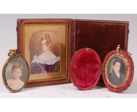 Late 19th century English school - Half-length portrait of a gentleman, miniature watercolour in yellow metal mount and leath