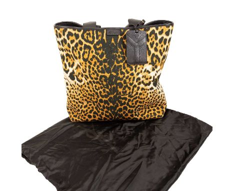 Yves Saint Laurent Leopard Print Canvas Tote Bag, circa 2012, with black leather handles, black trim and piping, five brass s