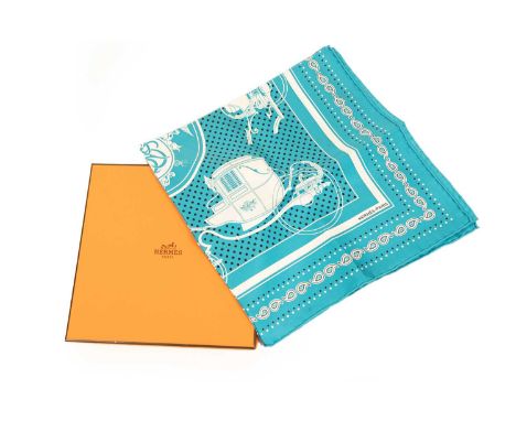 Hermès Silk Scarf, depicting four carriages to the centre within a boteh and spot border in turquoise, black and white, 70cm 