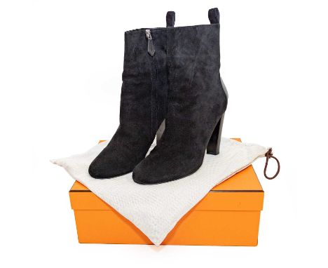 Pair of Hermes Lady's Black Suede and Leather-Heeled Ankle Boots, (size 40), with dust bags and box