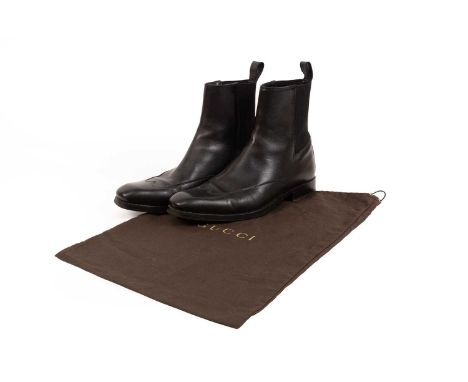 Gucci Black Leather Chelsea Boots, circa 2000, with brogue style stitching to the toes (size 39.5 E), with shoe bags and boxC