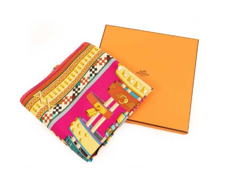 Hermès Silk Scarf 'Collier de Chiens', designed by Virginie Jamin, in vibrant pinks, blues, greens and gold displaying racks 