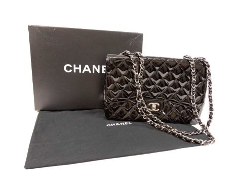 Chanel Black Patent Uni Classic Handbag with Flap, quilted exterior, chrome coloured hardware, patent and chain link double s