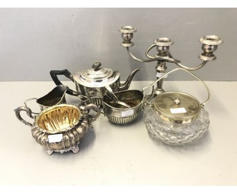 Qty of plated &amp; other metal ware including a tea service, silver gilt lined sugar bowl &amp; silver caddy spoon 