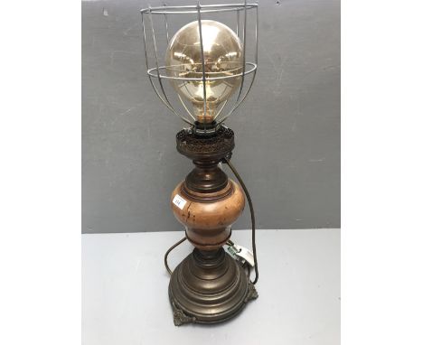 Late C19th oil lamp converted to electricity with a treen &amp; brass base 