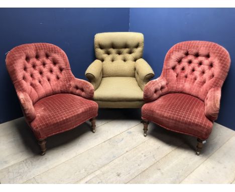 Pair of Edwardian button backed tub chairs &amp; another 