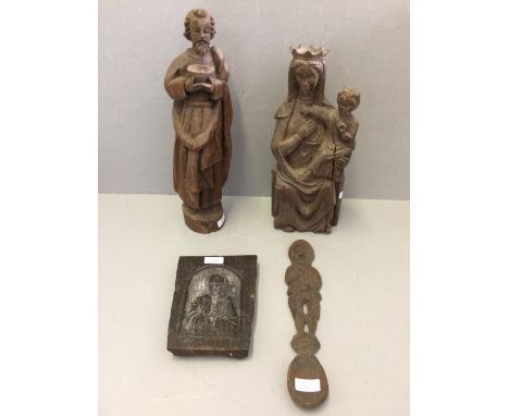 Hardwood figure of  Madonna &amp; child  softwood   39 cm , an early treen carving of a man (43cm), carved wood spoon with fi