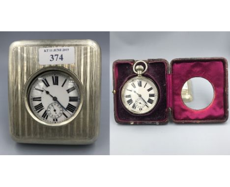 Goliath watch (in working order) in leather case with easel back &amp; hall marked silver case 6cm dia face 