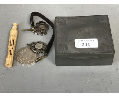 Pewter cigarette box containing 3 white metal &amp; an ivory finial 