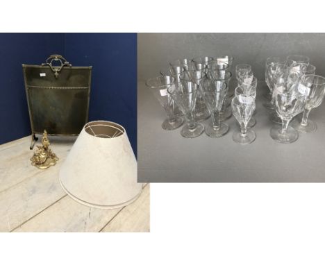 2 Kate Foreman standard lamp shades, brass fire screen &amp; a small gilt corner wall bracket &amp; Thomas Webb crystal glass