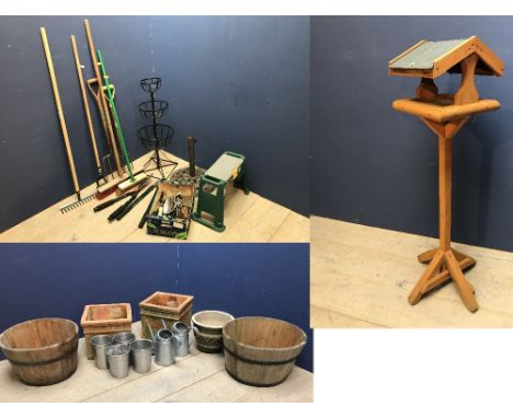 Clay planters, wooden half barrel planters, large selection of garden tools &amp; bird table 