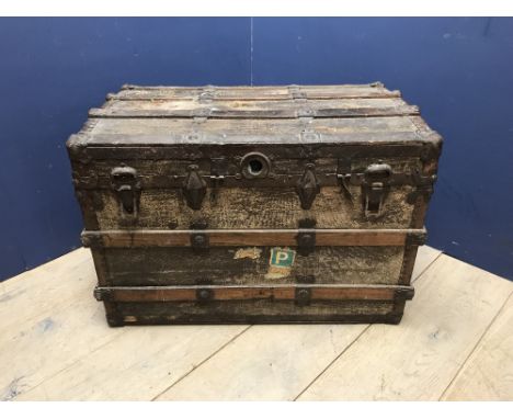 C19th large trunk, canvas on wood with metal &amp; wood banding 88 x 52 x 60 cm 