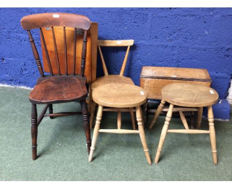 Stick back kitchen chair, childs arts &amp; craft chair, folding childs desk, a pair of stools &amp; a small oak gate legged 