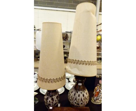 WEST GERMAN TABLE LAMPS. Two c1960s West German drip glazed ceramic pierced bulb based table lamps with original shades,Large
