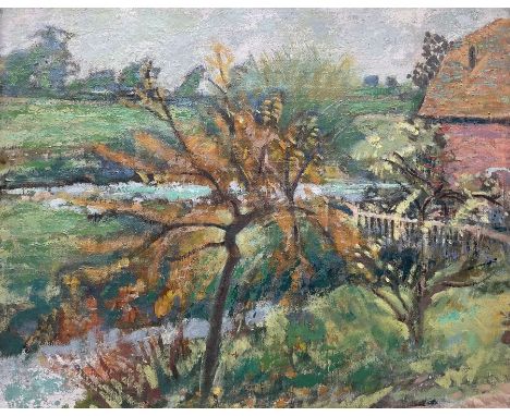 Frank Griffith (British 1889-1979): Riverside Trees, oil on board unsigned, artist's studio stamp verso 39cm x 49cm Notes: Gr