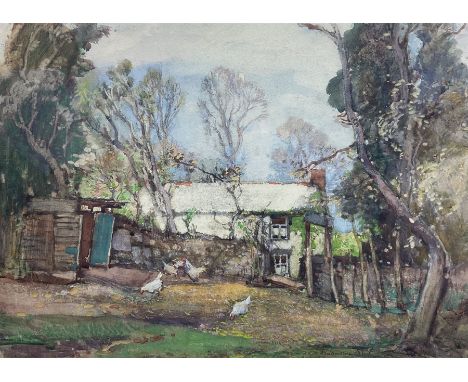 Samuel John 'Lamorna' Birch (Newlyn School 1869-1955): Chickens Feeding in the Yard, watercolour signed 26cm x 35.5cm 
